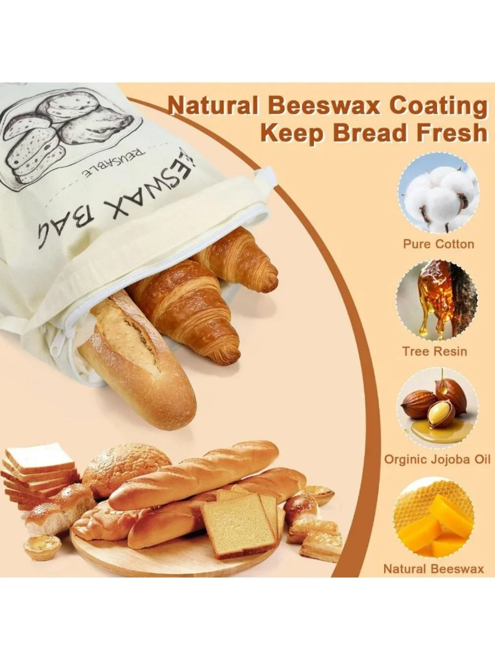 Reusable Organic Cotton Beeswax Bread Bags 2-Pack | Eco-Friendly, Large